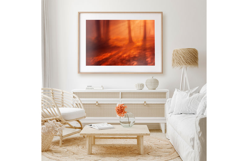 Framed print hanging in modern bright interior