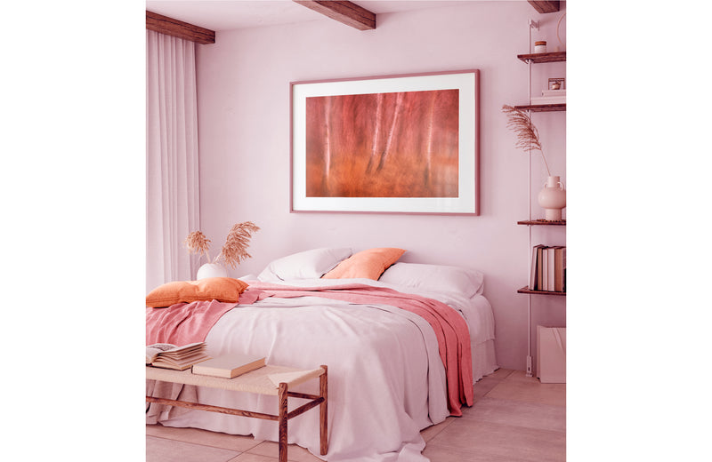 high gloss pearlescent framed print in cozy bedroom