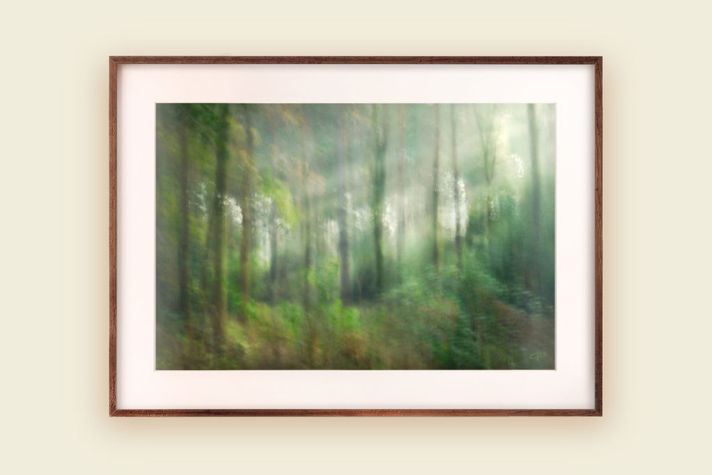 Tapestry forest scene of trees and light green and bright