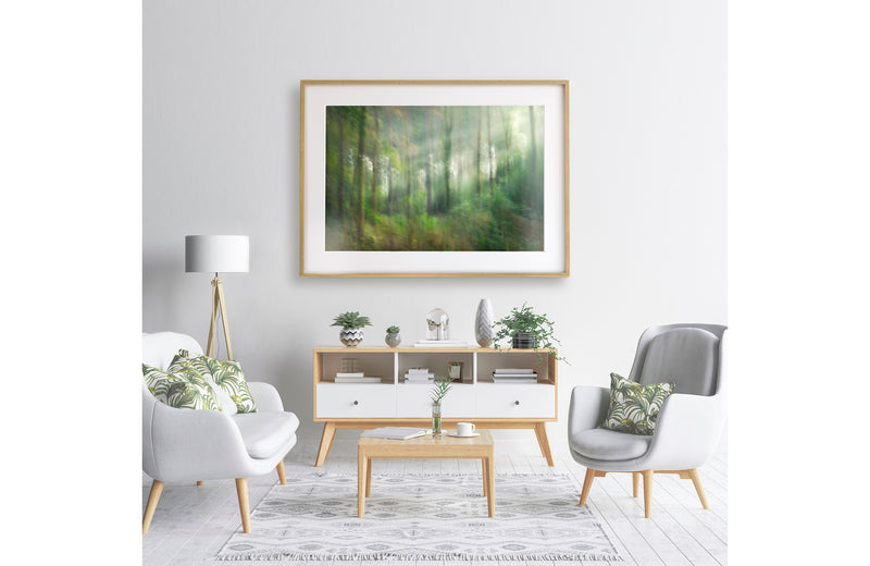 oversized framed print in white spacious interior