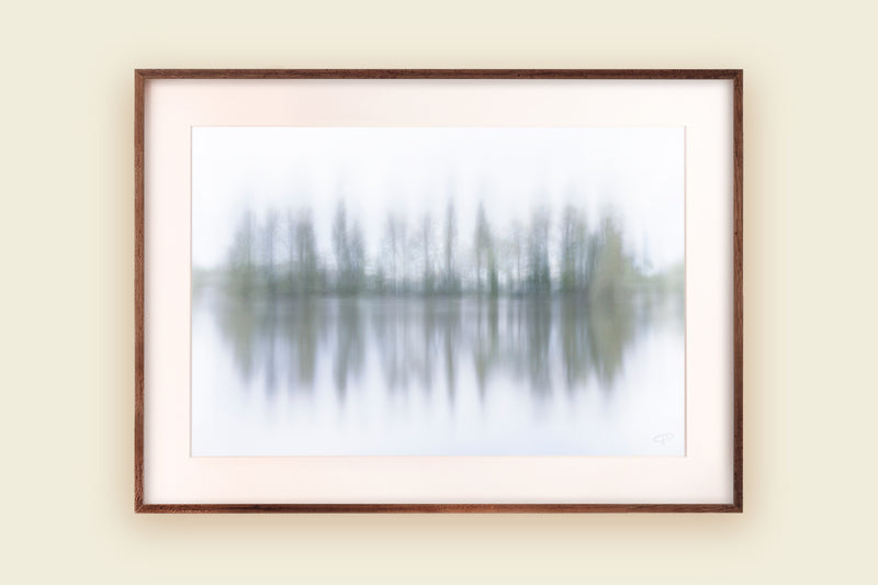 Wavforms treeline reflections in a summer lake 